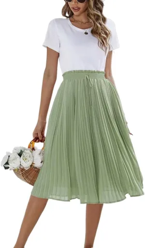 Womens Midi Skirt High Waist Solid Knot Front Pleated Hem Skirt Casual For Women