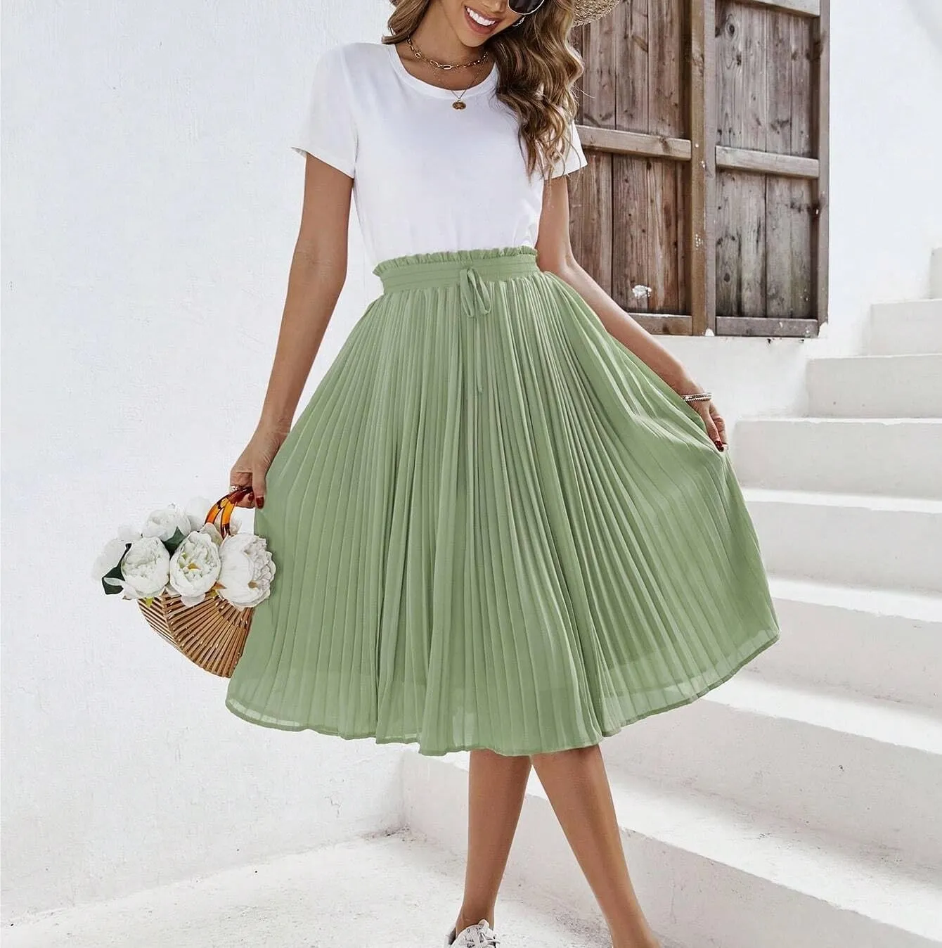 Womens Midi Skirt High Waist Solid Knot Front Pleated Hem Skirt Casual For Women