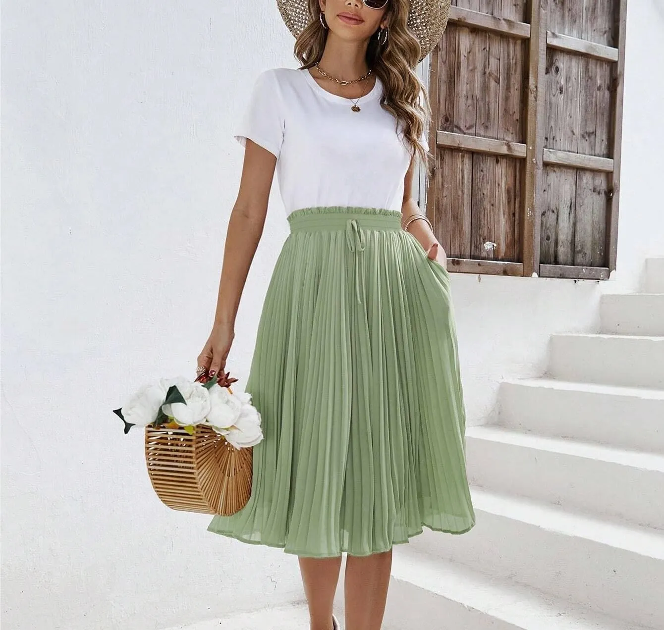 Womens Midi Skirt High Waist Solid Knot Front Pleated Hem Skirt Casual For Women