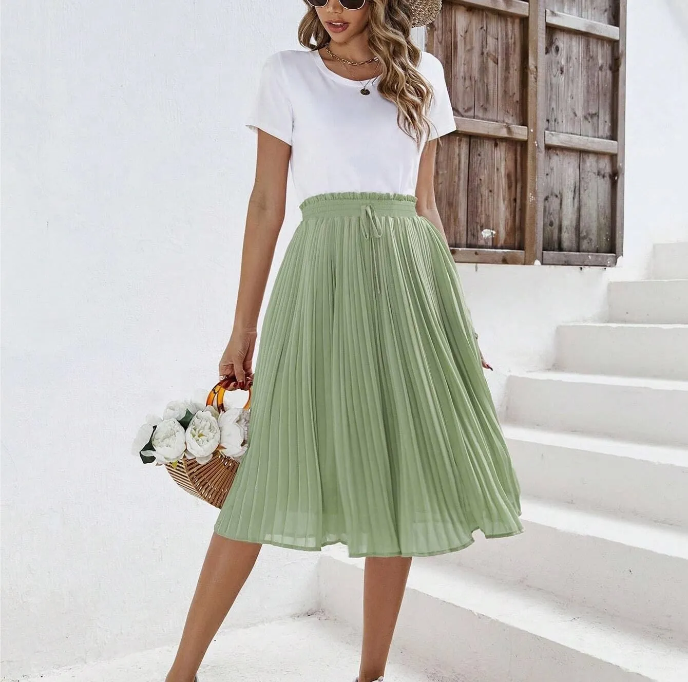 Womens Midi Skirt High Waist Solid Knot Front Pleated Hem Skirt Casual For Women