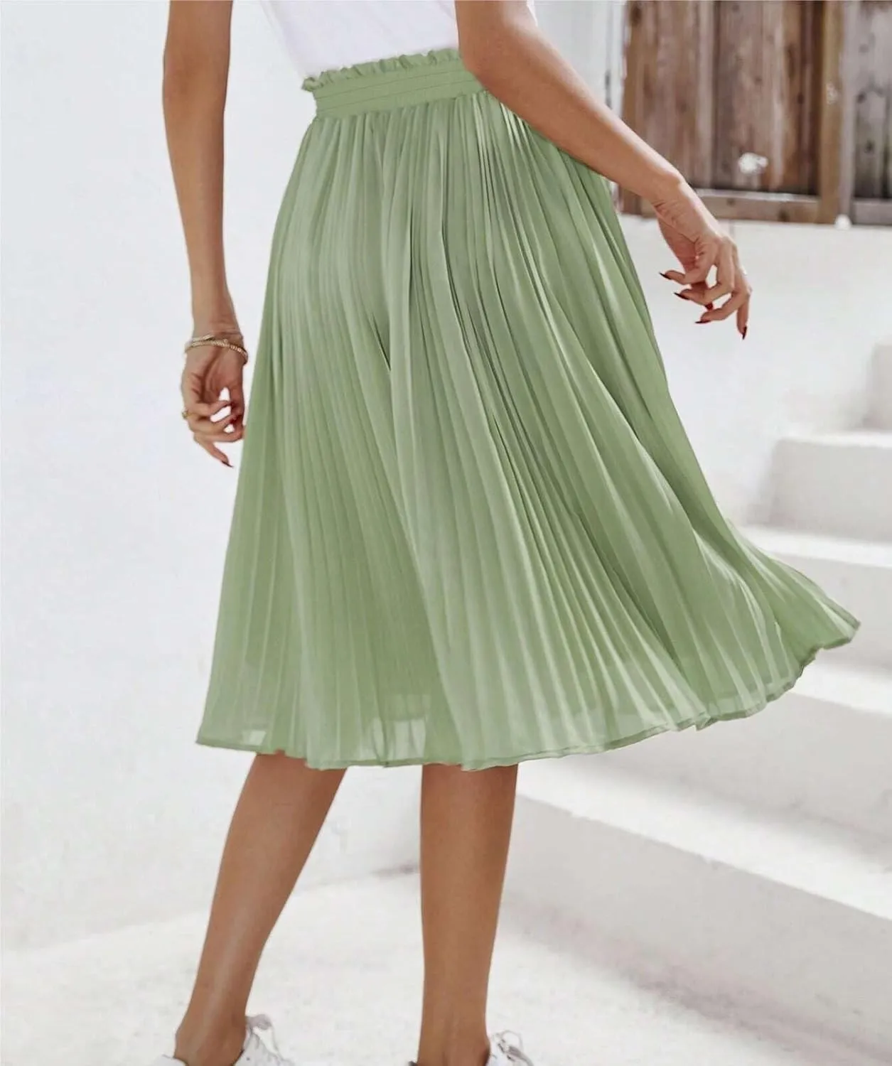 Womens Midi Skirt High Waist Solid Knot Front Pleated Hem Skirt Casual For Women