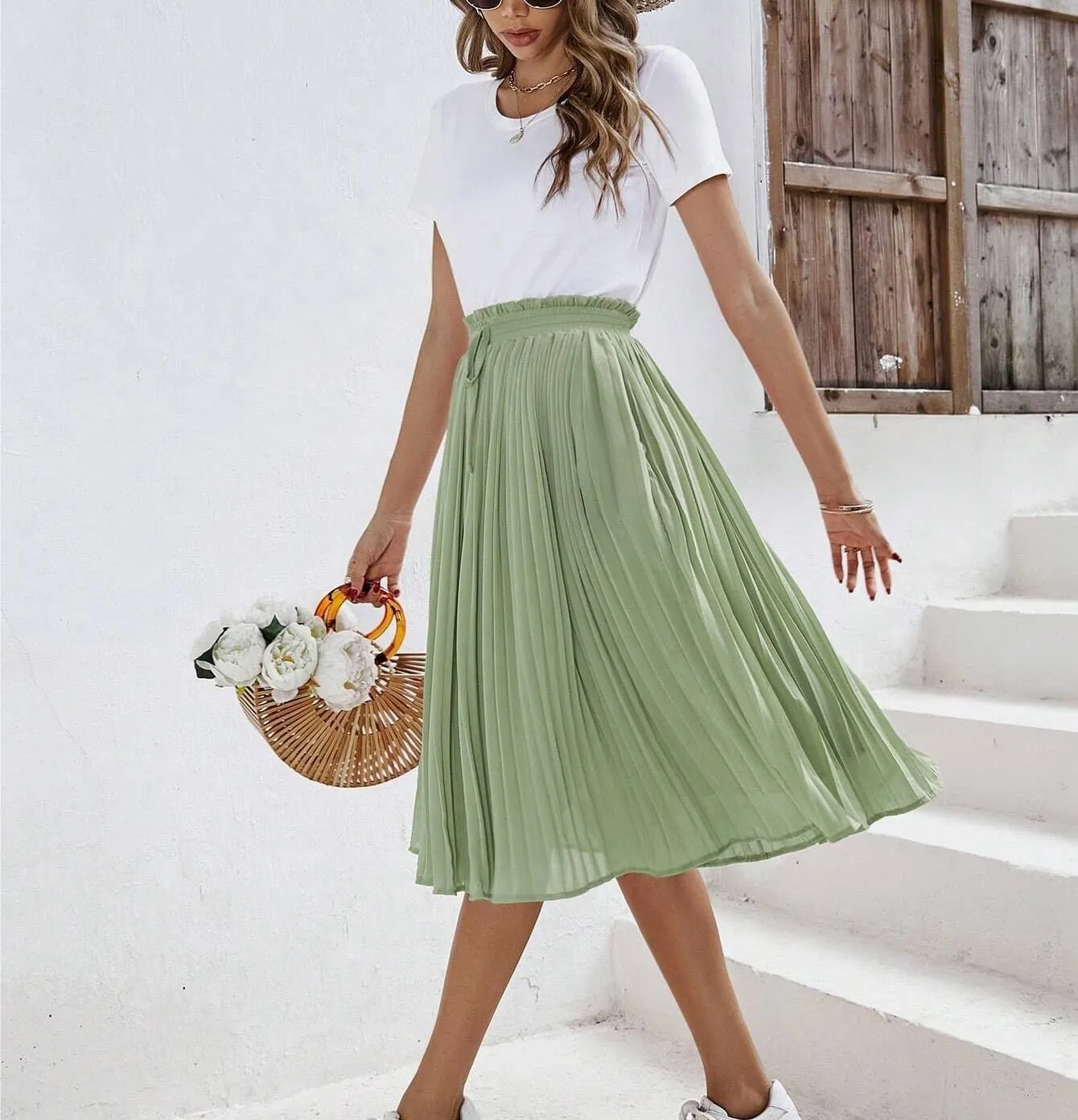 Womens Midi Skirt High Waist Solid Knot Front Pleated Hem Skirt Casual For Women