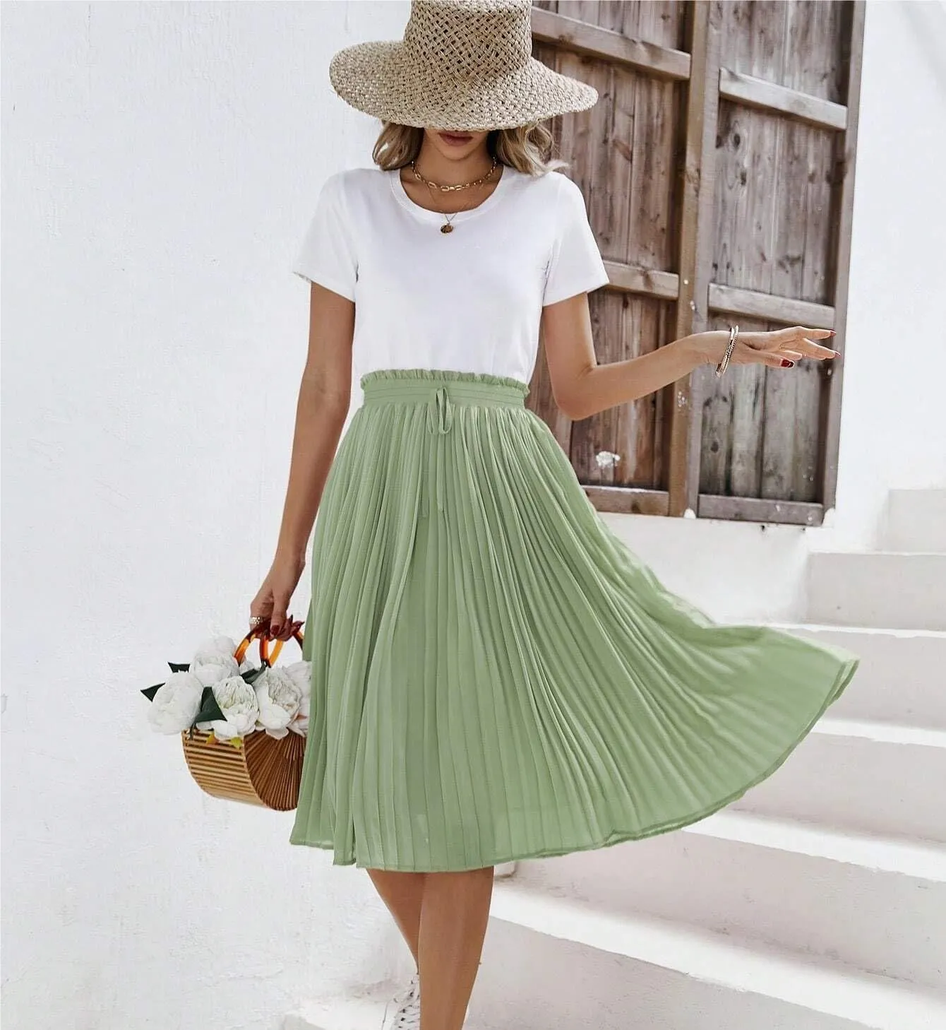 Womens Midi Skirt High Waist Solid Knot Front Pleated Hem Skirt Casual For Women