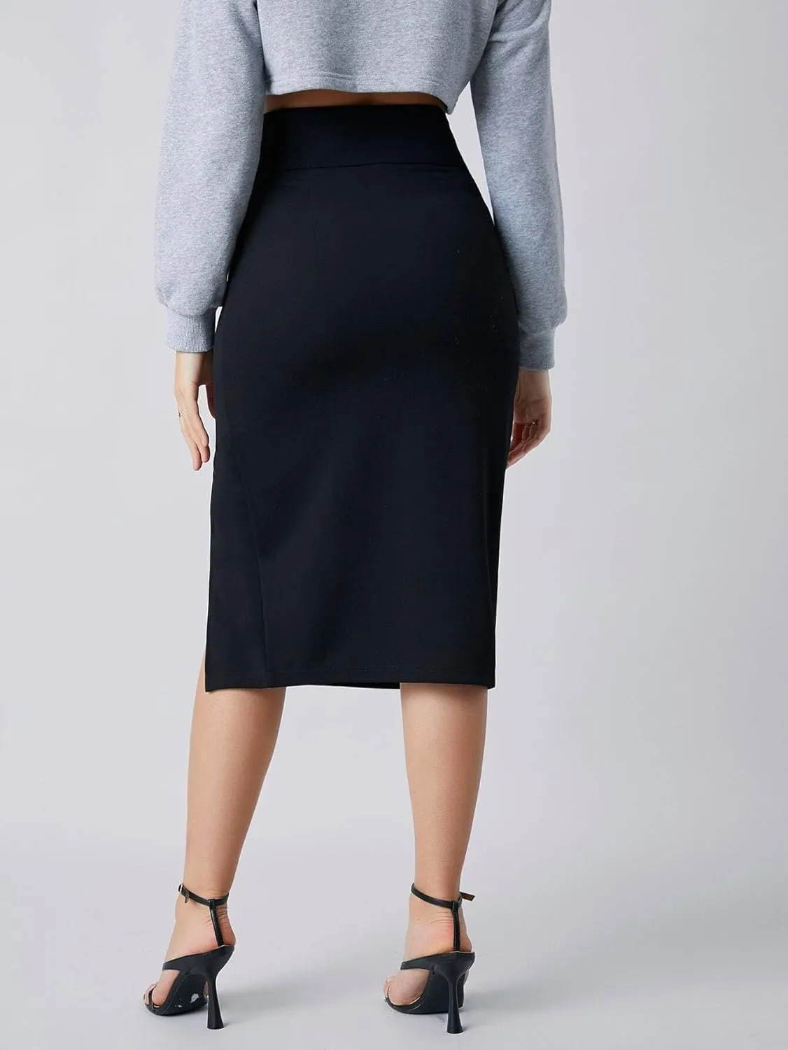 Womens Midi Skirt High Waist Zipper Wide Waistband Slit Thigh Pencil Skirt Sexy Casual For Women
