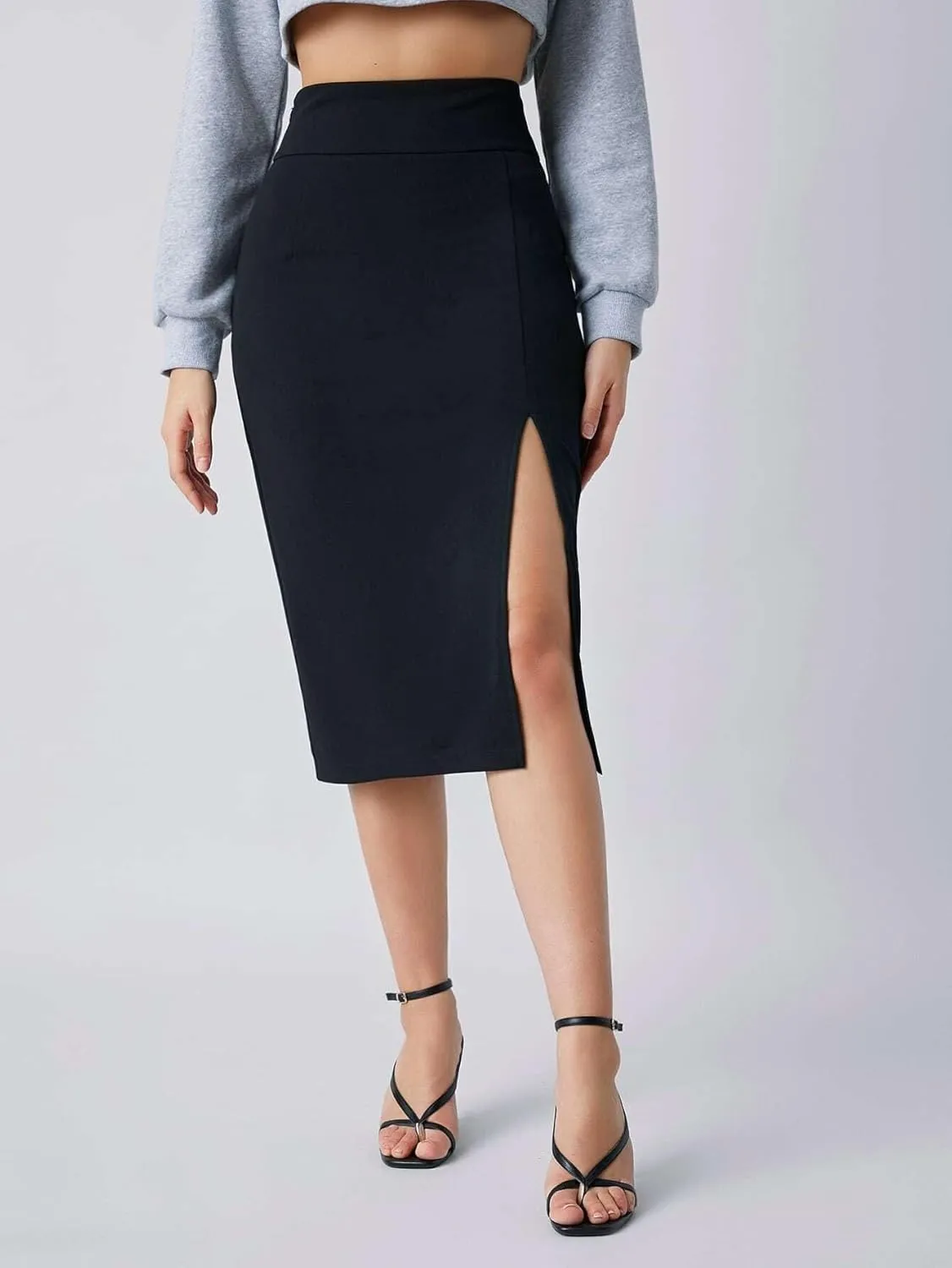 Womens Midi Skirt High Waist Zipper Wide Waistband Slit Thigh Pencil Skirt Sexy Casual For Women