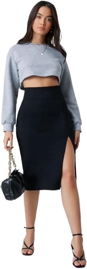 Womens Midi Skirt High Waist Zipper Wide Waistband Slit Thigh Pencil Skirt Sexy Casual For Women
