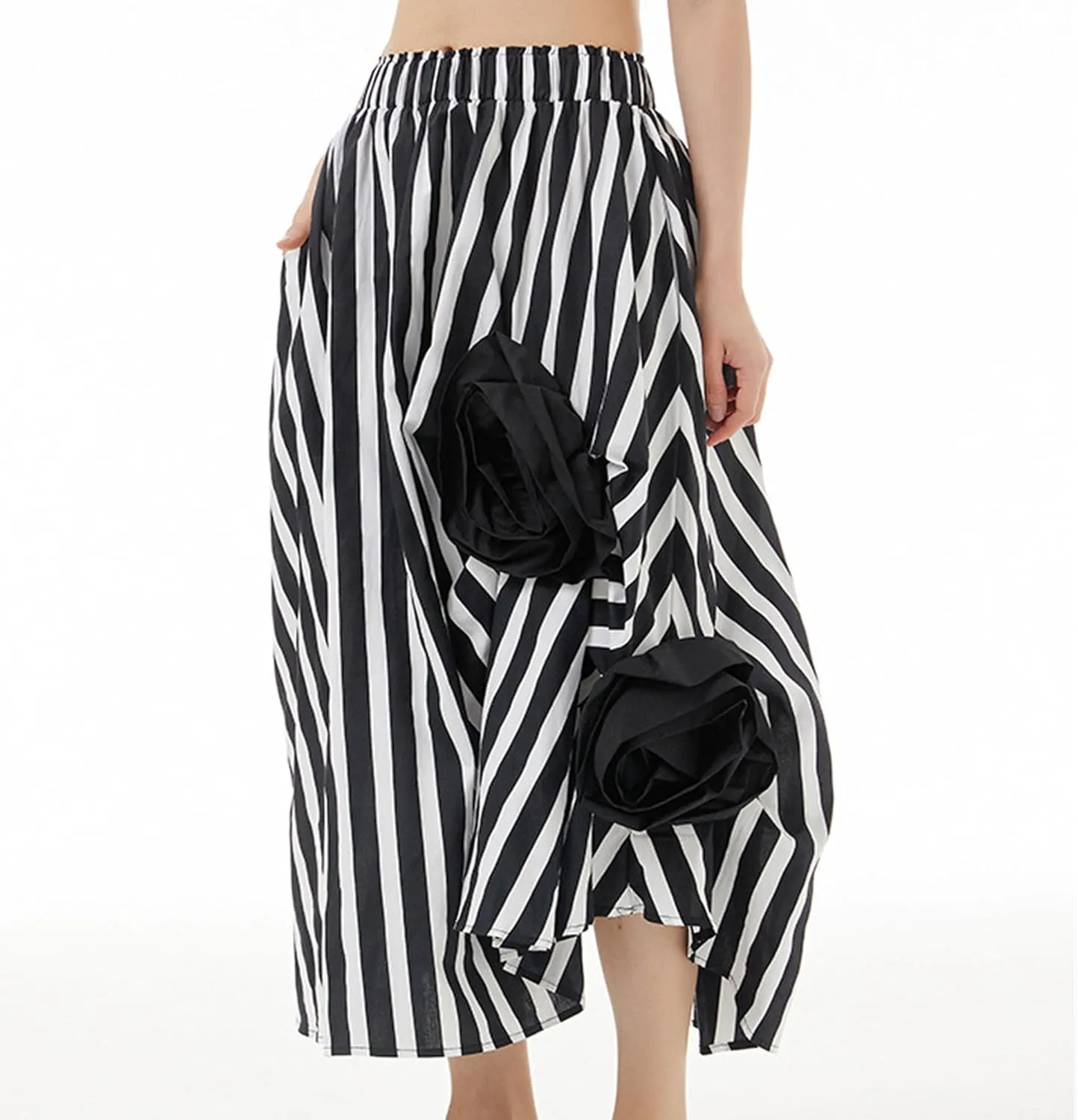 Womens Pleated Vintage Skirt Floral Applique Print A-Line Swing Midi Skirts Elastic High Waist Tiered Skirt with Pockets