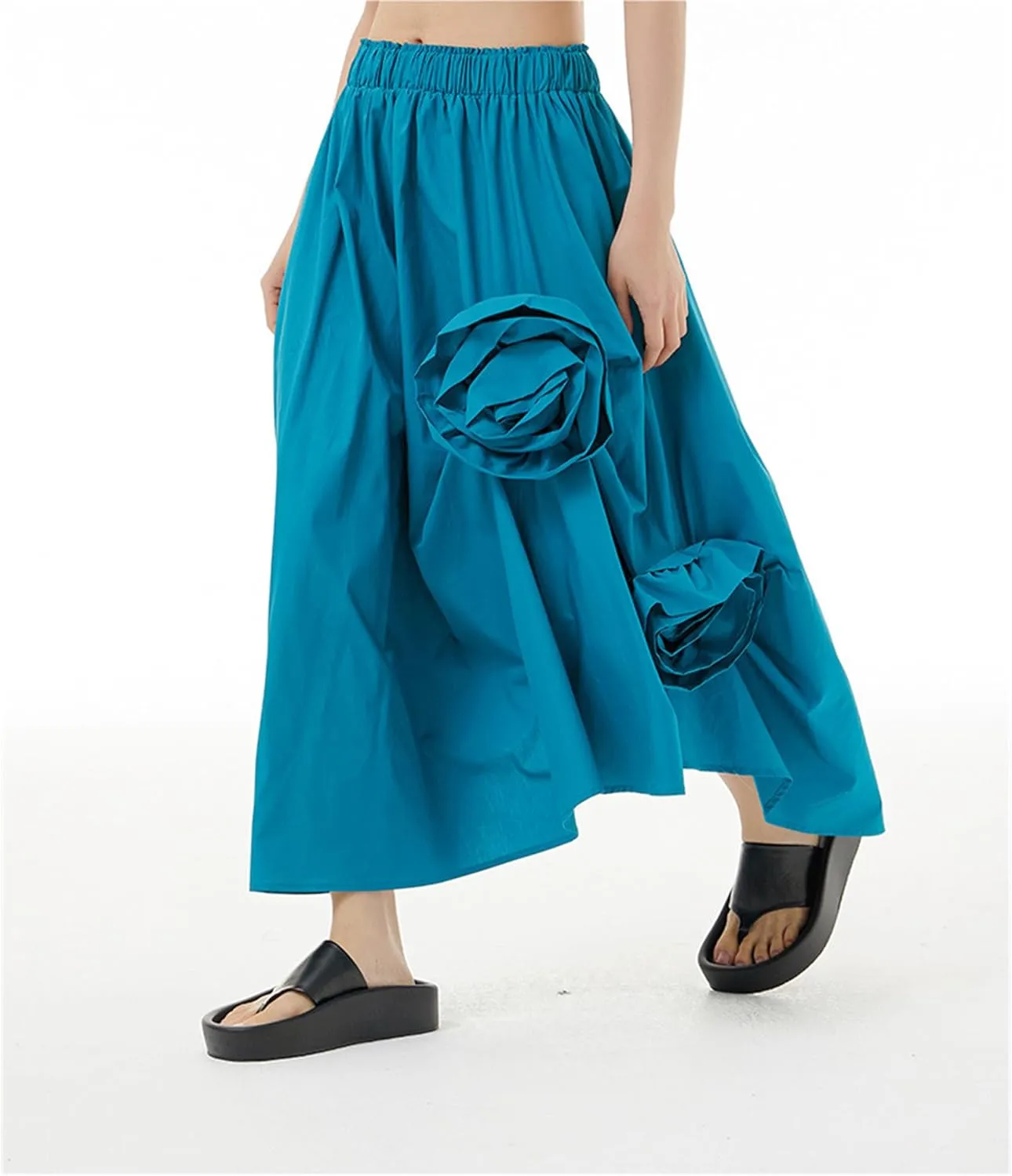 Womens Pleated Vintage Skirt Floral Applique Print A-Line Swing Midi Skirts Elastic High Waist Tiered Skirt with Pockets