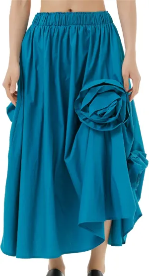 Womens Pleated Vintage Skirt Floral Applique Print A-Line Swing Midi Skirts Elastic High Waist Tiered Skirt with Pockets