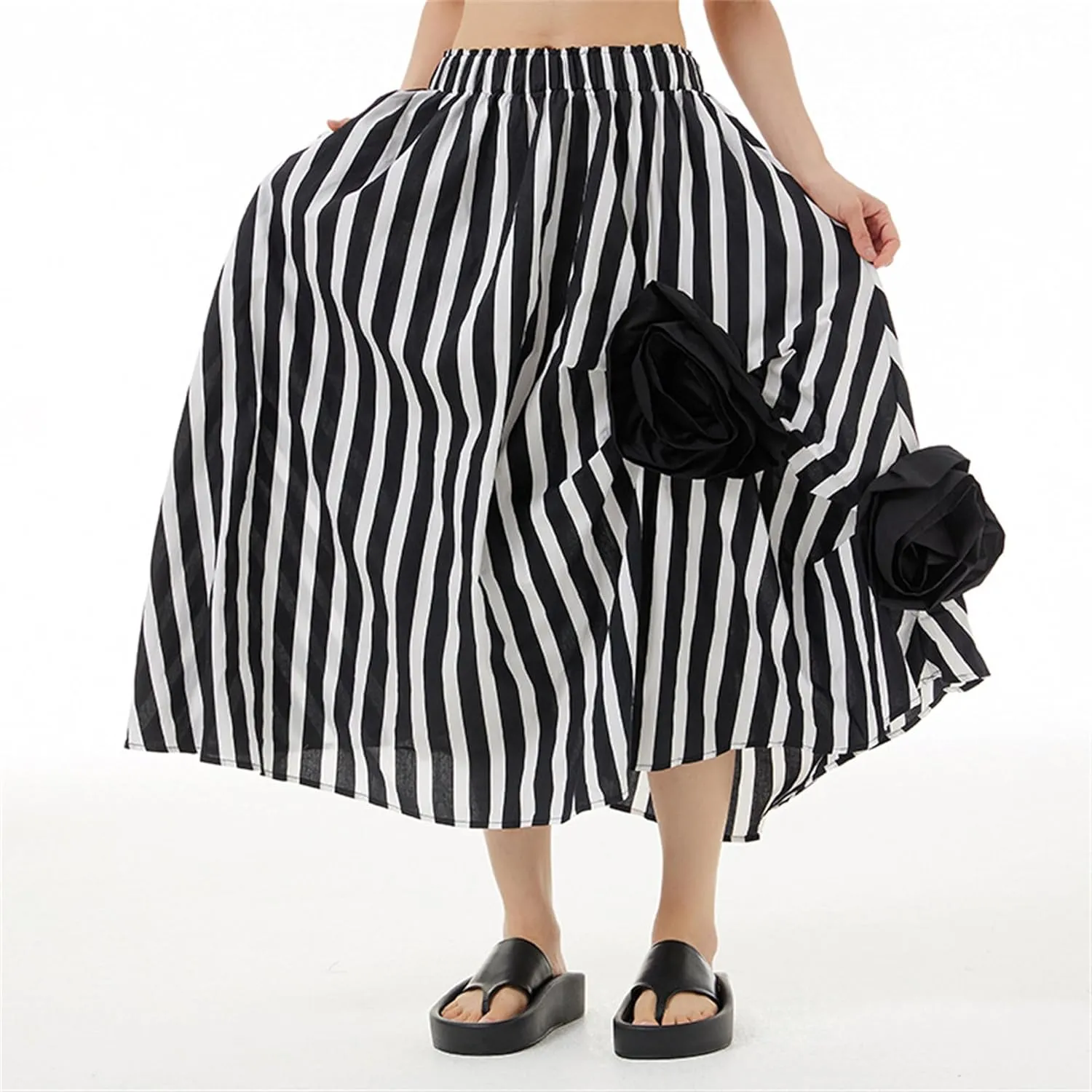 Womens Pleated Vintage Skirt Floral Applique Print A-Line Swing Midi Skirts Elastic High Waist Tiered Skirt with Pockets