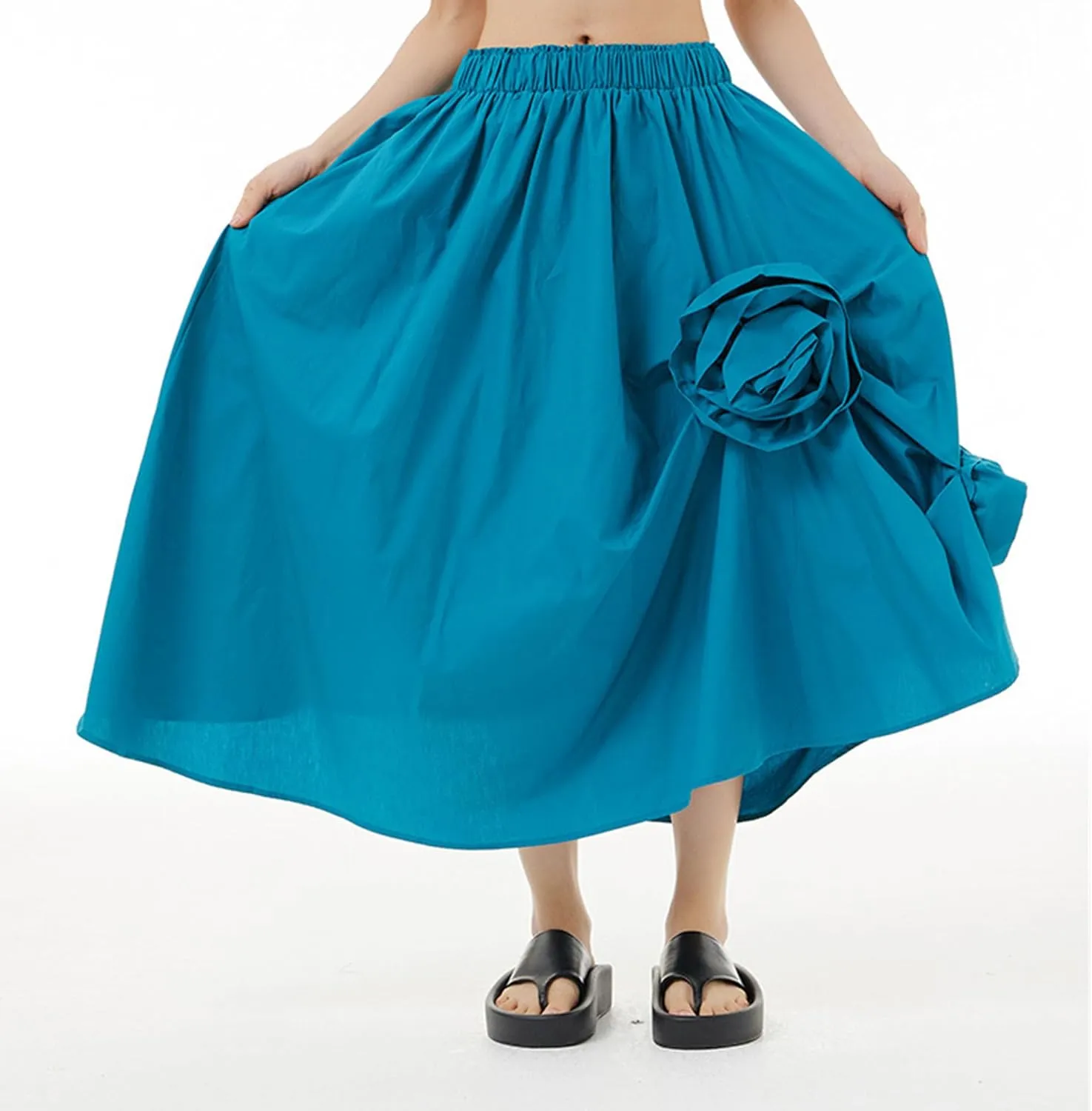 Womens Pleated Vintage Skirt Floral Applique Print A-Line Swing Midi Skirts Elastic High Waist Tiered Skirt with Pockets
