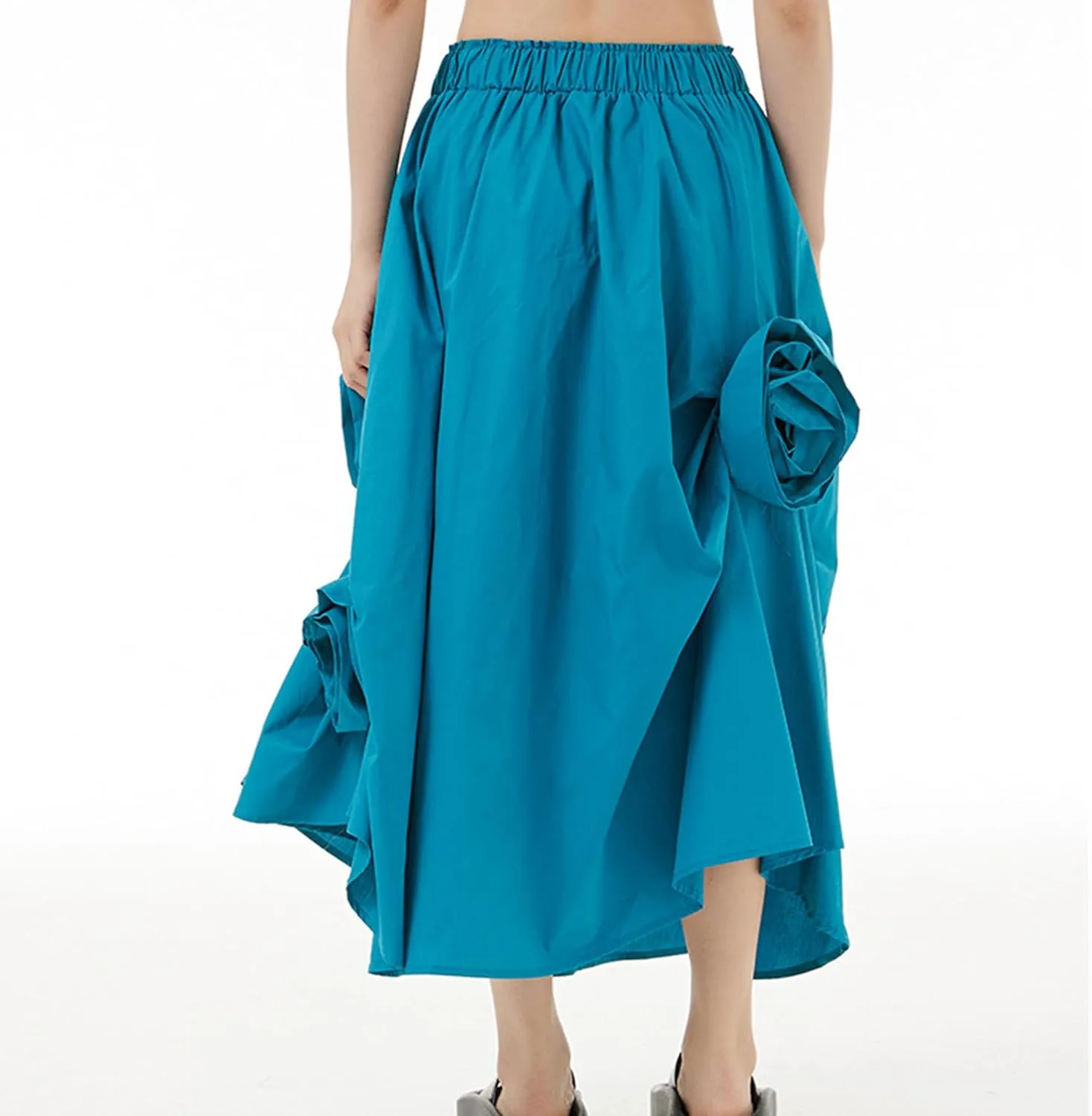 Womens Pleated Vintage Skirt Floral Applique Print A-Line Swing Midi Skirts Elastic High Waist Tiered Skirt with Pockets