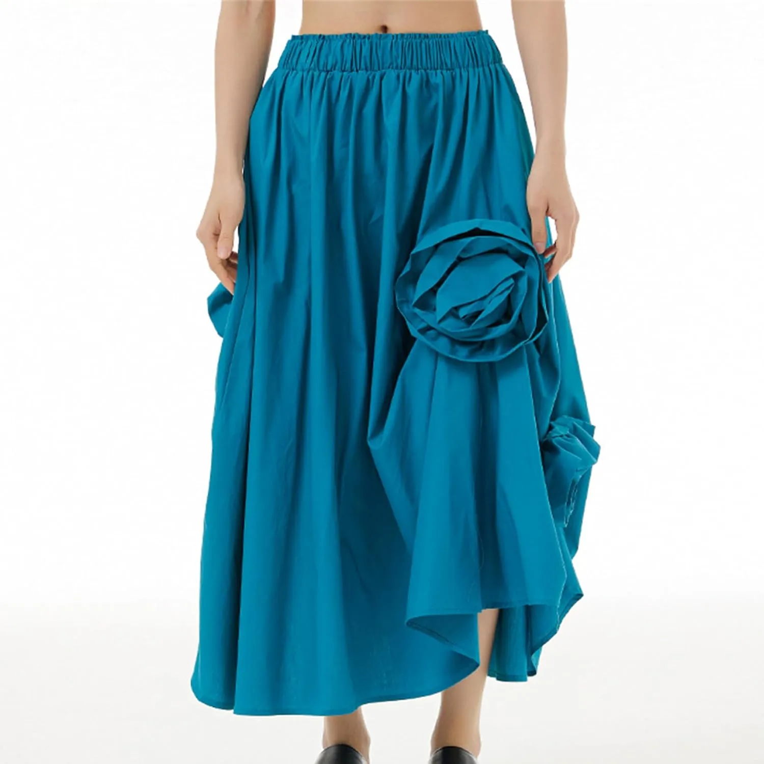 Womens Pleated Vintage Skirt Floral Applique Print A-Line Swing Midi Skirts Elastic High Waist Tiered Skirt with Pockets