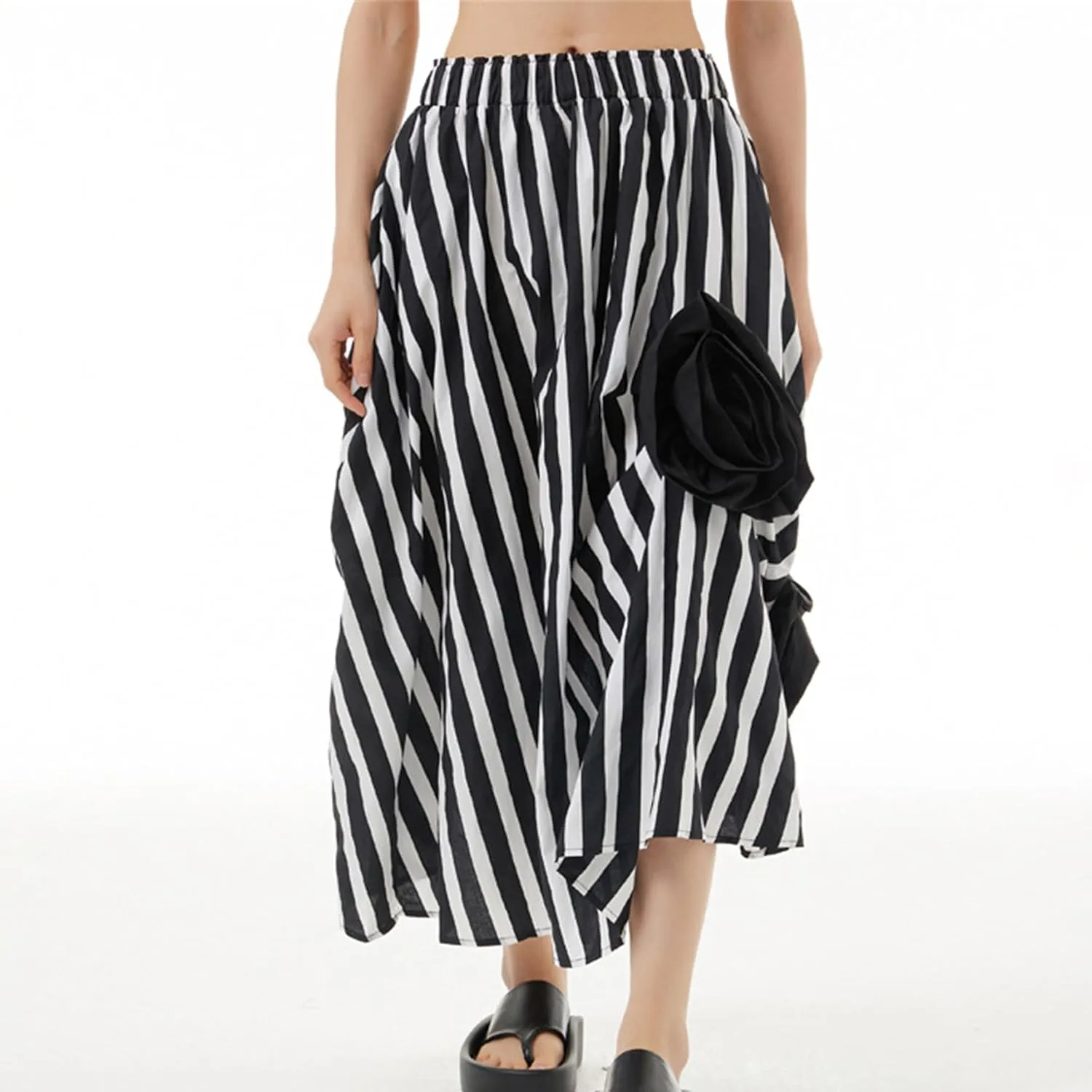 Womens Pleated Vintage Skirt Floral Applique Print A-Line Swing Midi Skirts Elastic High Waist Tiered Skirt with Pockets