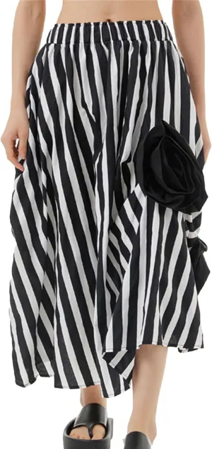 Womens Pleated Vintage Skirt Floral Applique Print A-Line Swing Midi Skirts Elastic High Waist Tiered Skirt with Pockets