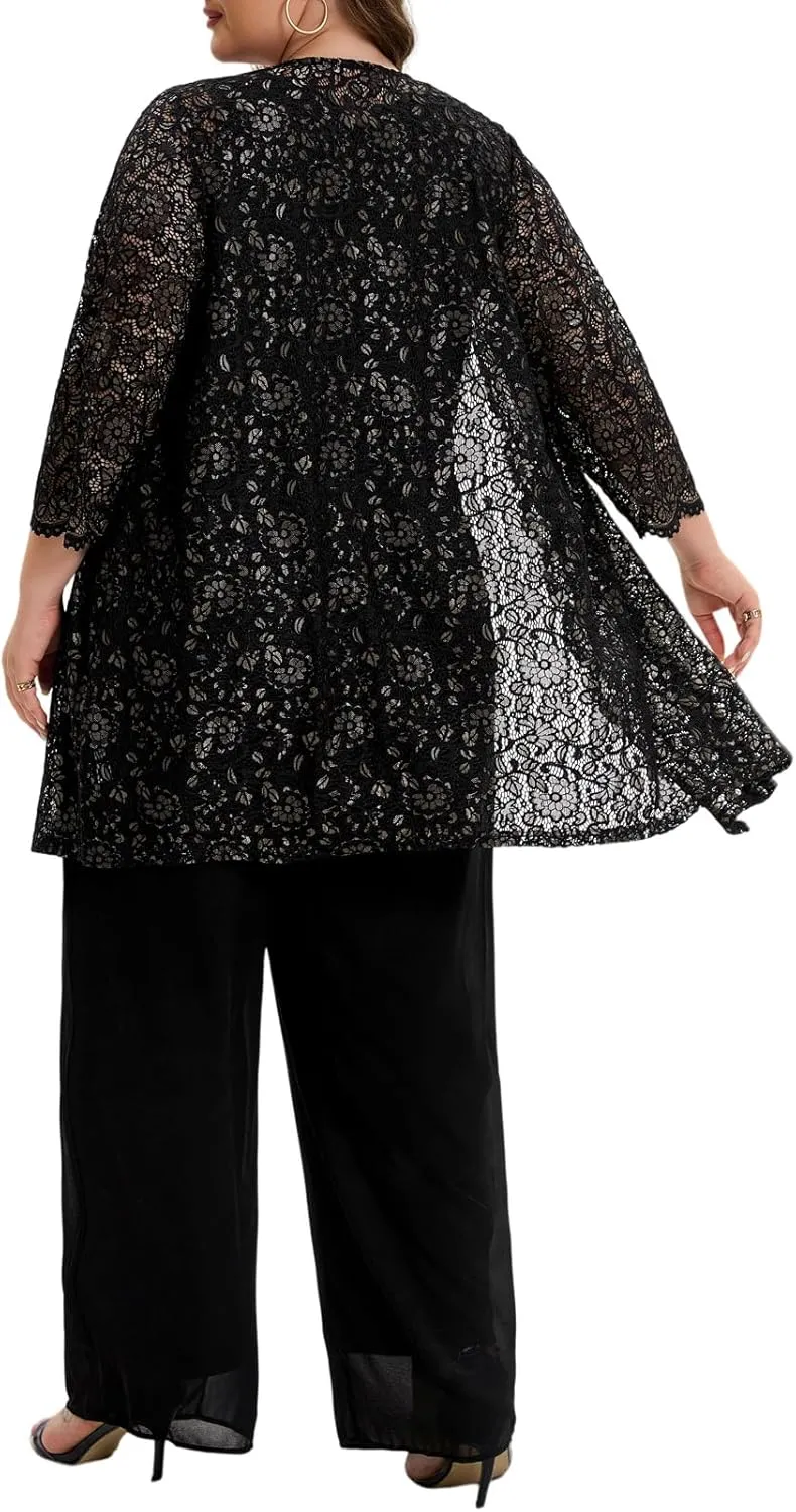 Women's Plus Size Lace Mother of The Bride Pant Suits 3Pcs Wedding Formal Outfit Set Evening Party Gown