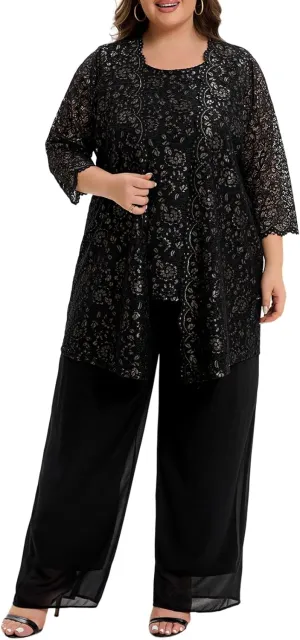 Women's Plus Size Lace Mother of The Bride Pant Suits 3Pcs Wedding Formal Outfit Set Evening Party Gown
