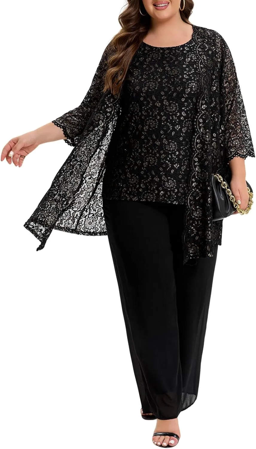 Women's Plus Size Lace Mother of The Bride Pant Suits 3Pcs Wedding Formal Outfit Set Evening Party Gown