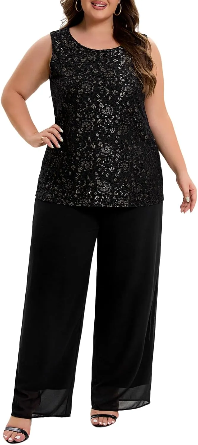 Women's Plus Size Lace Mother of The Bride Pant Suits 3Pcs Wedding Formal Outfit Set Evening Party Gown
