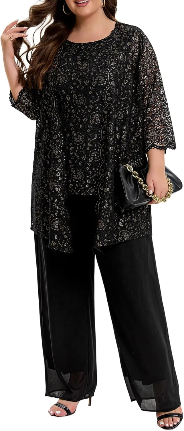 Women's Plus Size Lace Mother of The Bride Pant Suits 3Pcs Wedding Formal Outfit Set Evening Party Gown