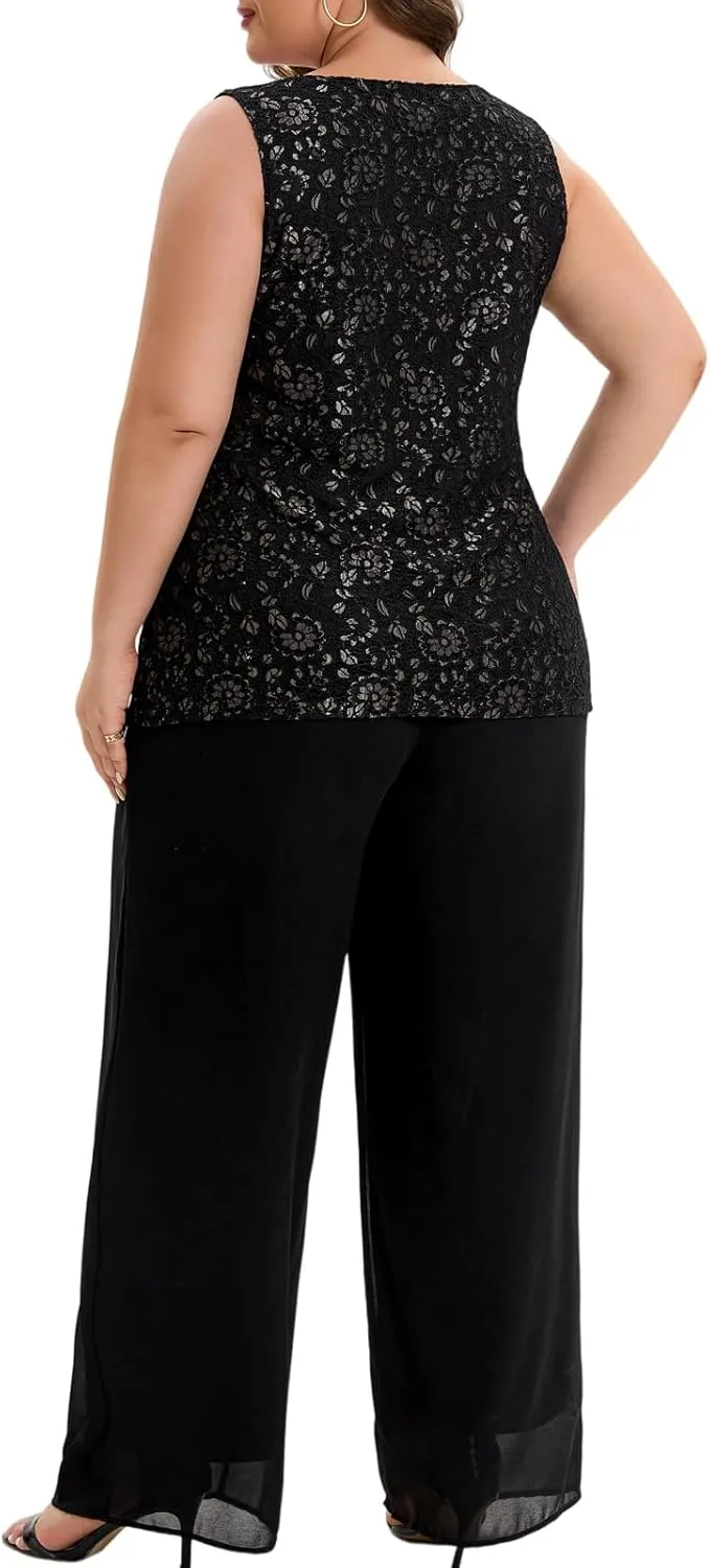 Women's Plus Size Lace Mother of The Bride Pant Suits 3Pcs Wedding Formal Outfit Set Evening Party Gown