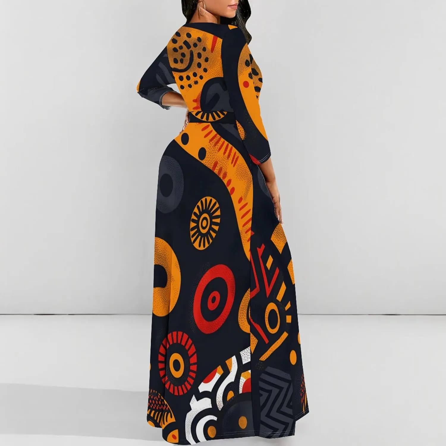 Women's Plus Size Long Sleeve Wrap Round Neck Dress African Art Style A-Line Dress Party Dance Swing Maxi Dress