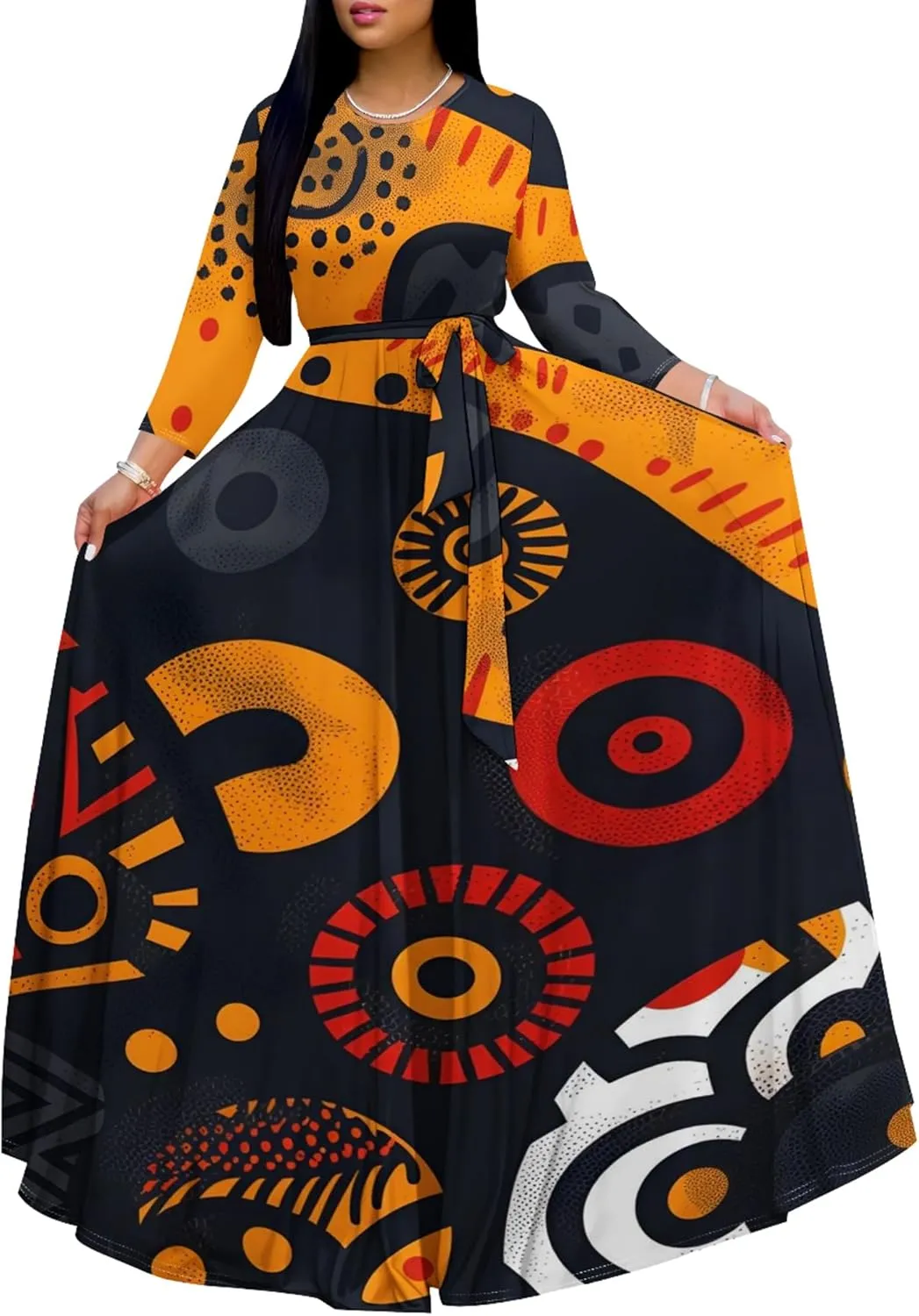 Women's Plus Size Long Sleeve Wrap Round Neck Dress African Art Style A-Line Dress Party Dance Swing Maxi Dress