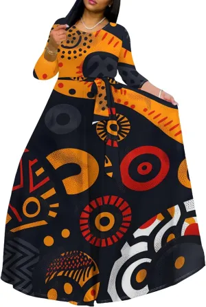 Women's Plus Size Long Sleeve Wrap Round Neck Dress African Art Style A-Line Dress Party Dance Swing Maxi Dress