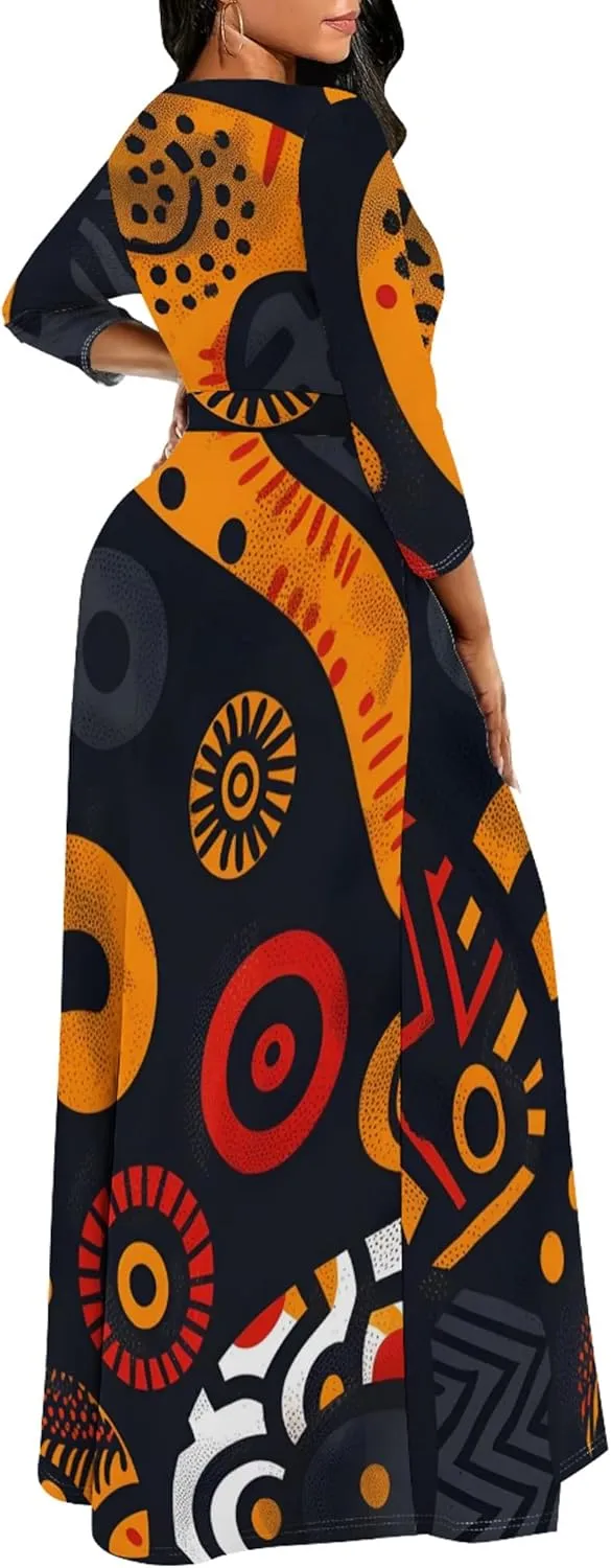Women's Plus Size Long Sleeve Wrap Round Neck Dress African Art Style A-Line Dress Party Dance Swing Maxi Dress
