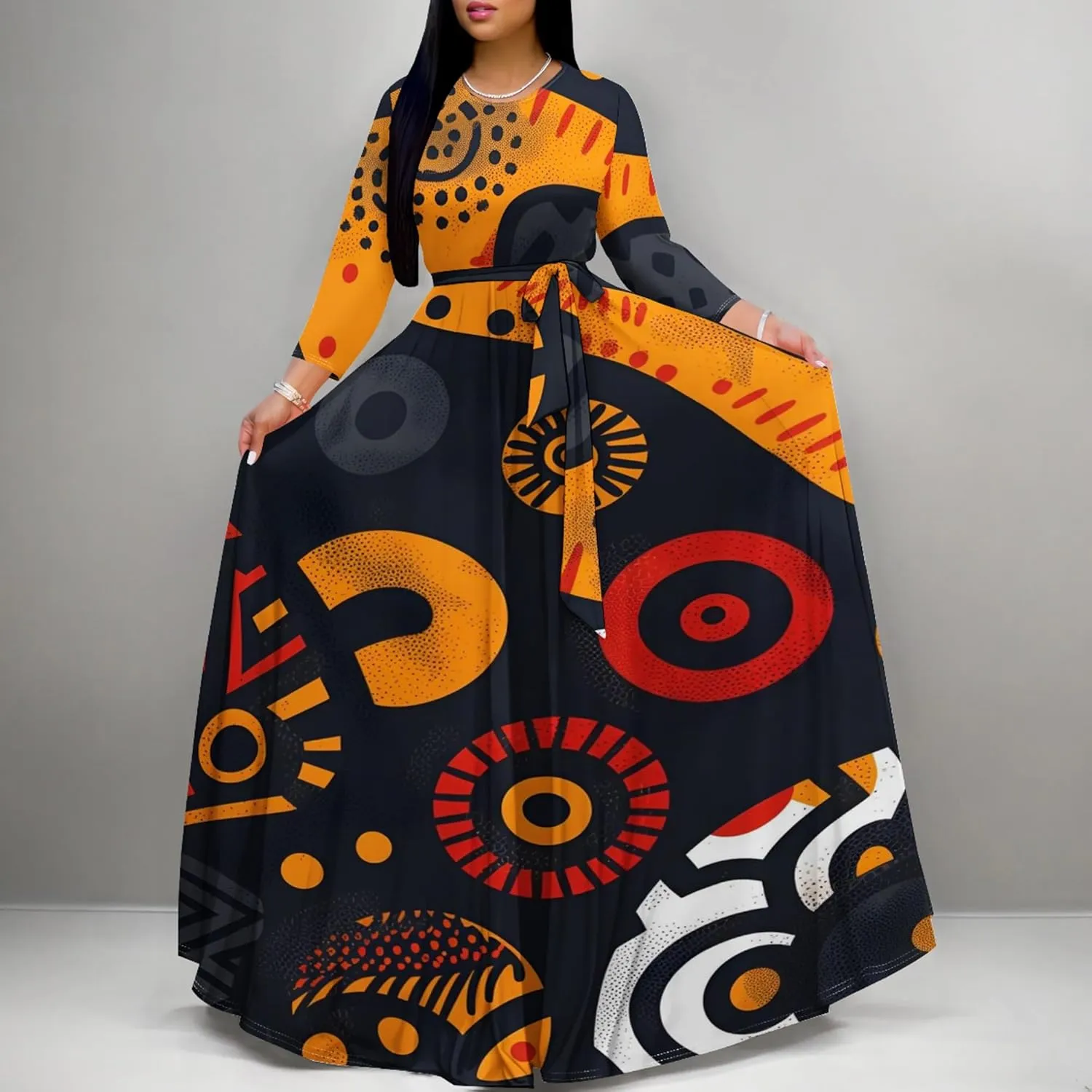 Women's Plus Size Long Sleeve Wrap Round Neck Dress African Art Style A-Line Dress Party Dance Swing Maxi Dress