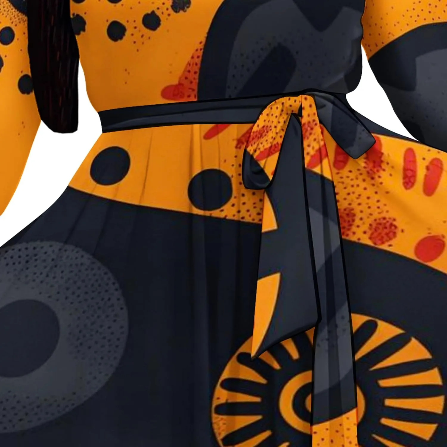 Women's Plus Size Long Sleeve Wrap Round Neck Dress African Art Style A-Line Dress Party Dance Swing Maxi Dress
