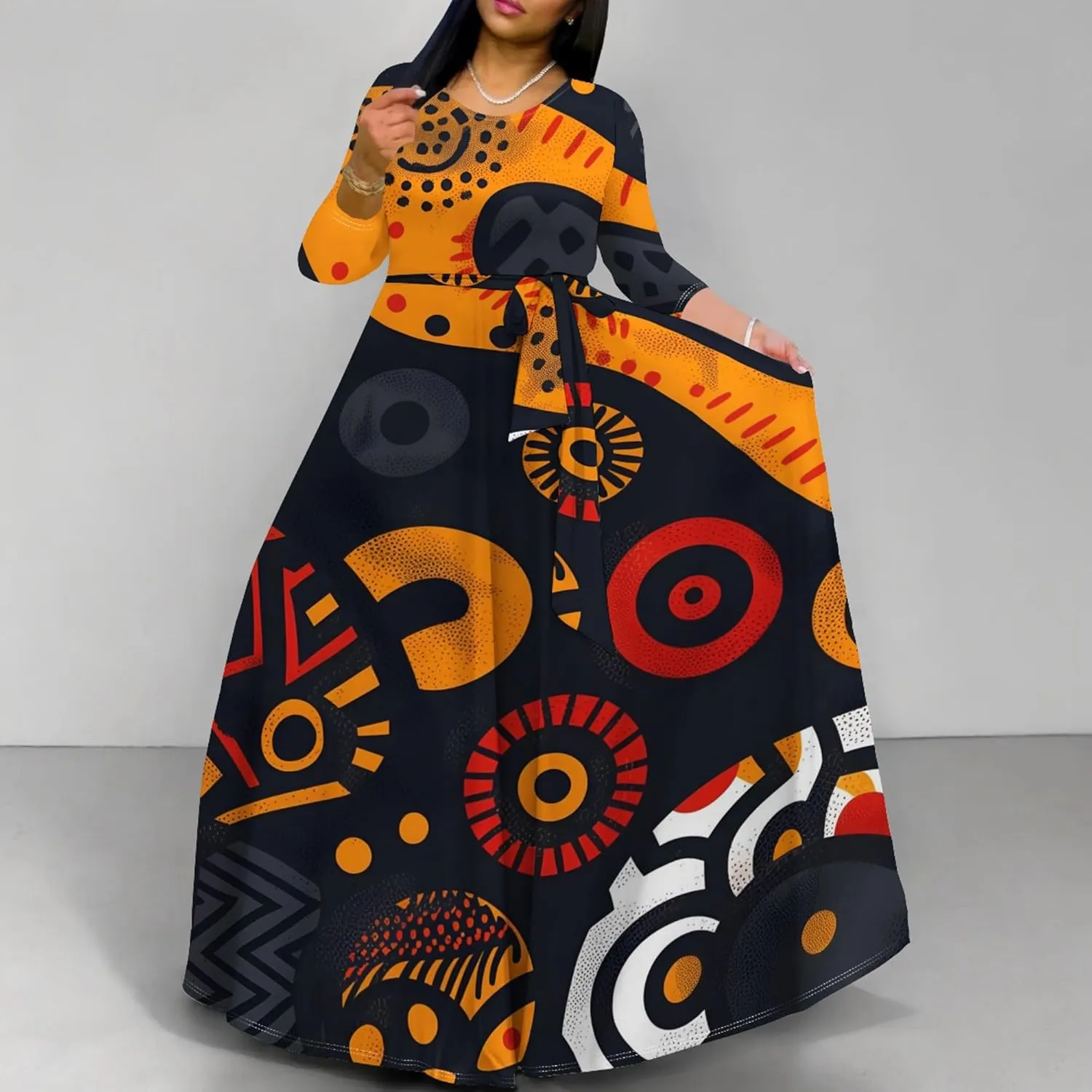Women's Plus Size Long Sleeve Wrap Round Neck Dress African Art Style A-Line Dress Party Dance Swing Maxi Dress