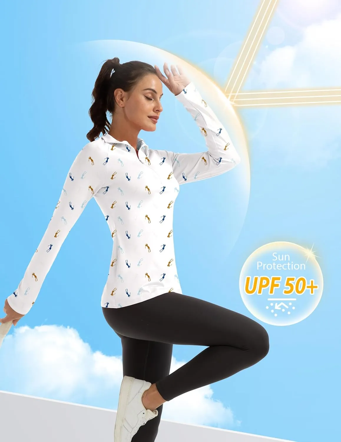 Women's Polo Shirts Long Sleeve UPF 50  Sun Protection Tennis Golf Workout Tops Sport Zipper V Neck