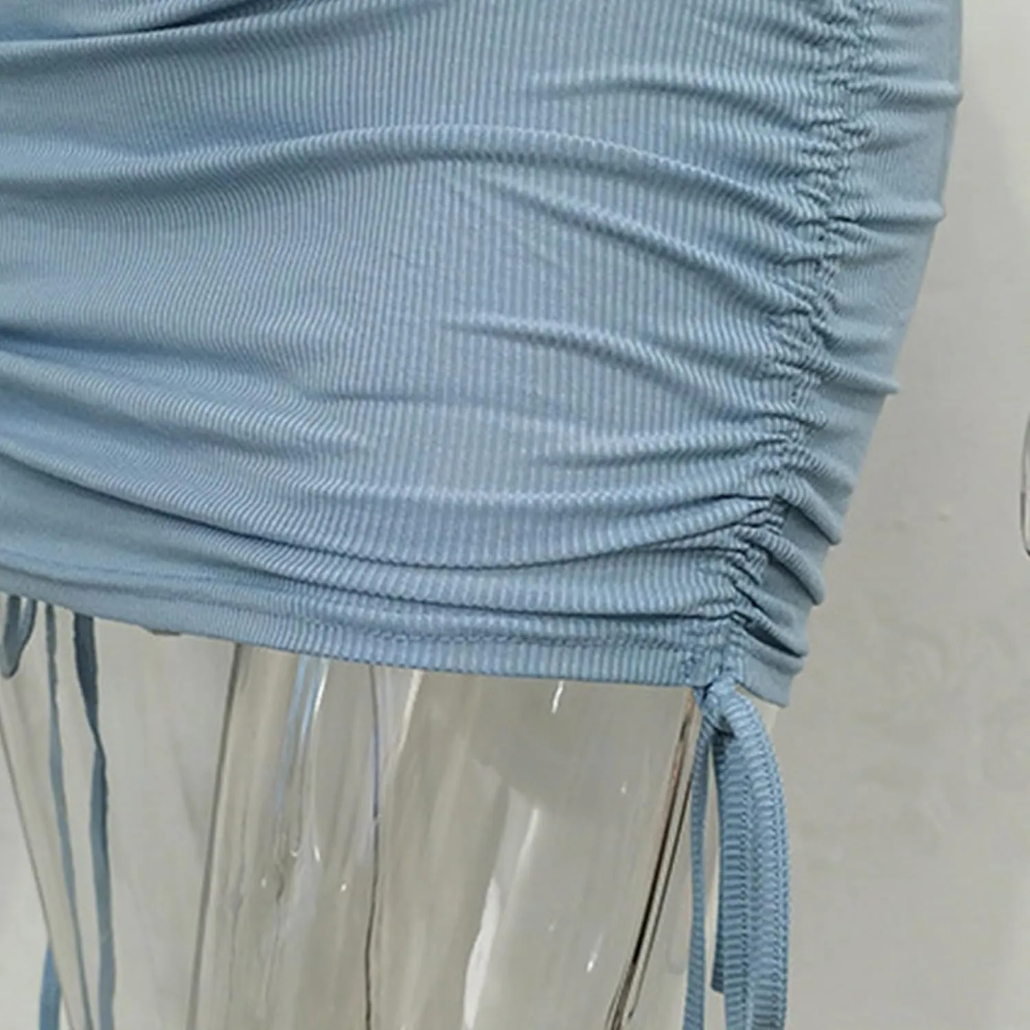 Womens Ruched Drawstring Knot Side Skirt High Waist Ribbed Bodycon Skirt Casual Asymmetric Mini Short Skirt