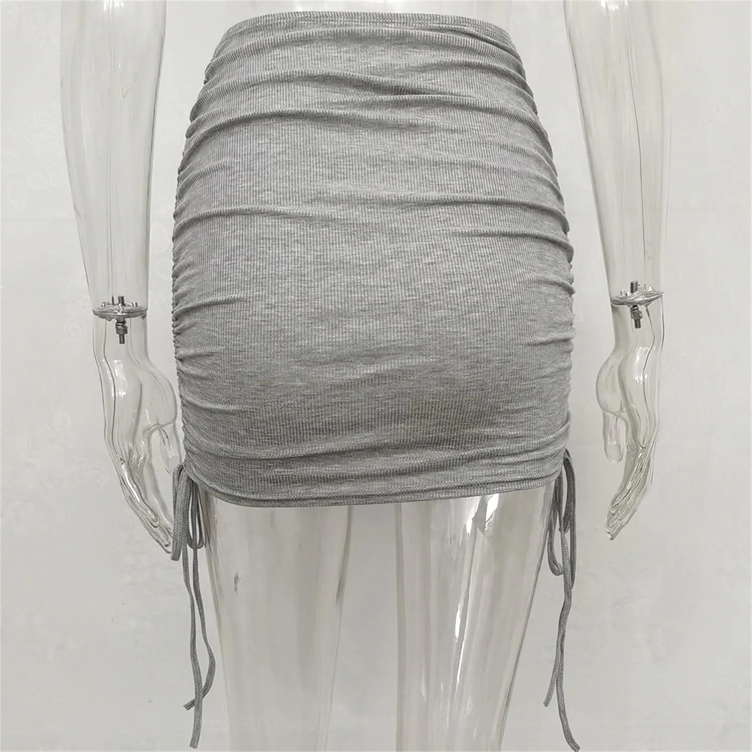 Womens Ruched Drawstring Knot Side Skirt High Waist Ribbed Bodycon Skirt Casual Asymmetric Mini Short Skirt