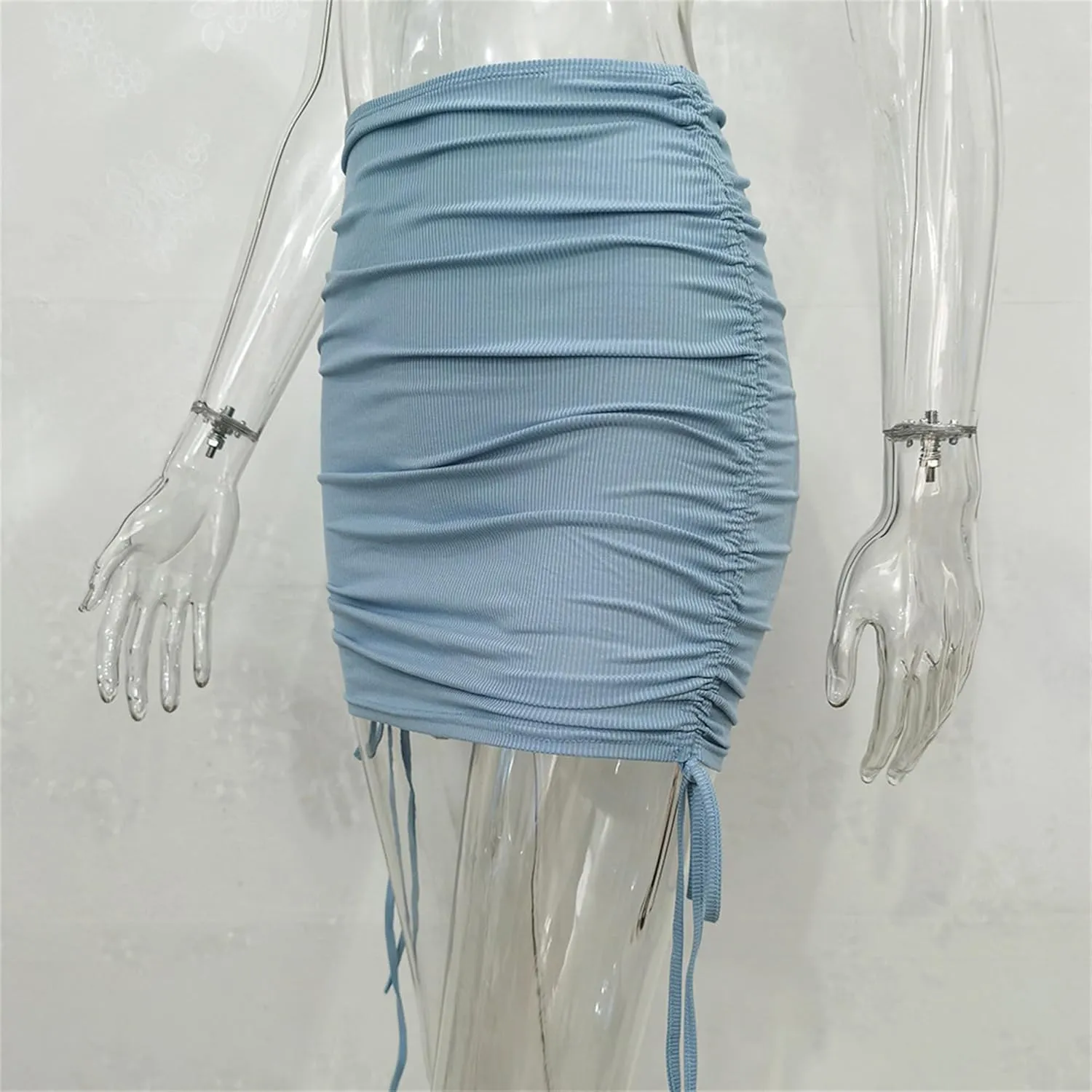 Womens Ruched Drawstring Knot Side Skirt High Waist Ribbed Bodycon Skirt Casual Asymmetric Mini Short Skirt