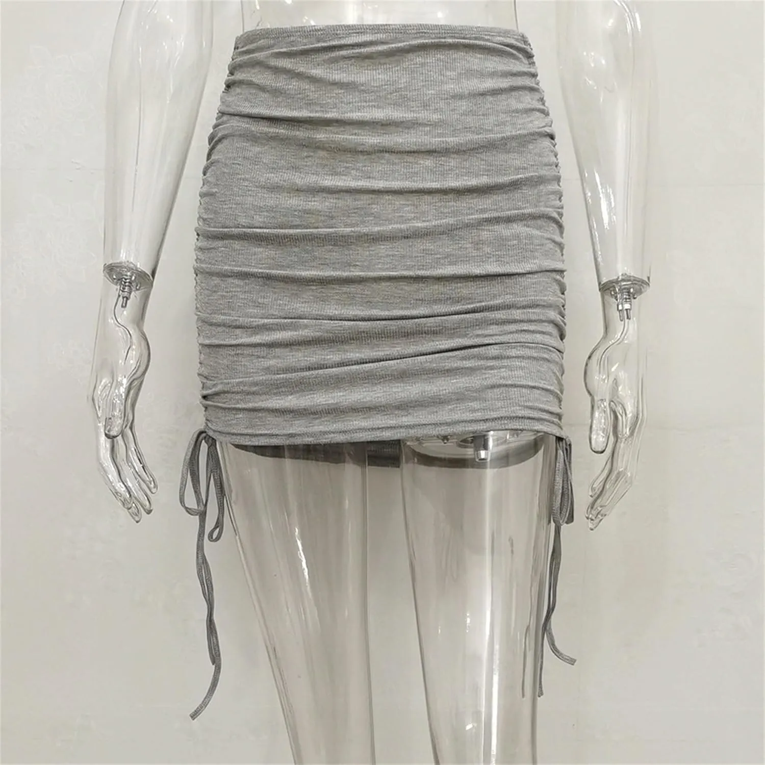 Womens Ruched Drawstring Knot Side Skirt High Waist Ribbed Bodycon Skirt Casual Asymmetric Mini Short Skirt