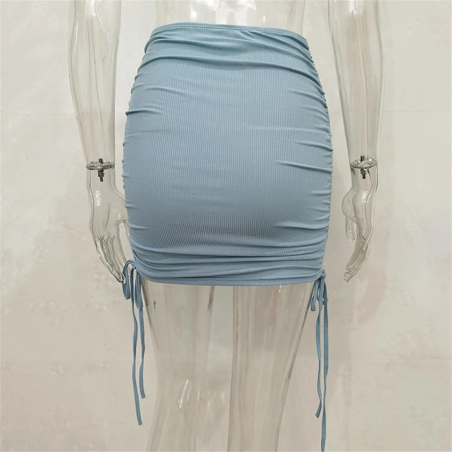 Womens Ruched Drawstring Knot Side Skirt High Waist Ribbed Bodycon Skirt Casual Asymmetric Mini Short Skirt