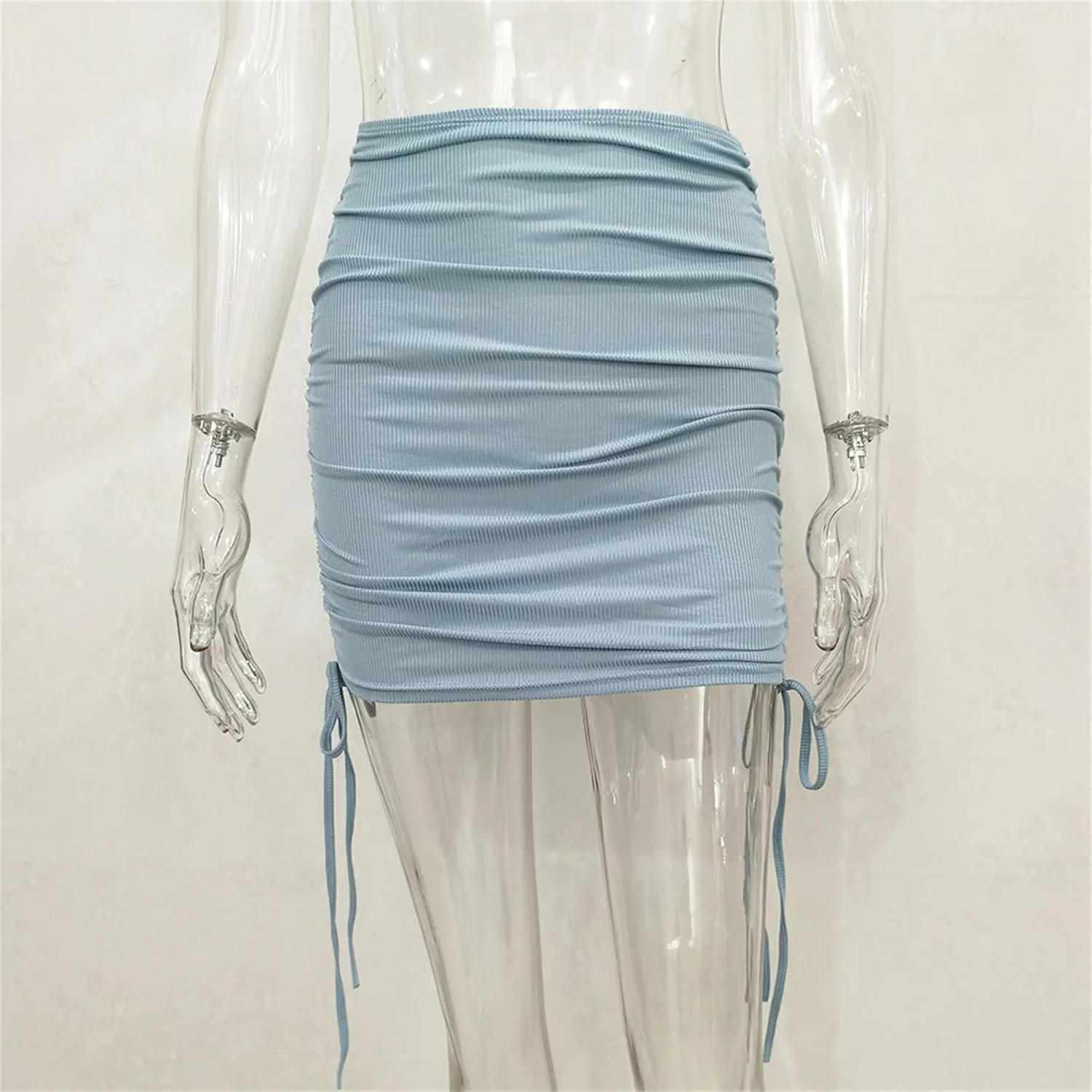 Womens Ruched Drawstring Knot Side Skirt High Waist Ribbed Bodycon Skirt Casual Asymmetric Mini Short Skirt