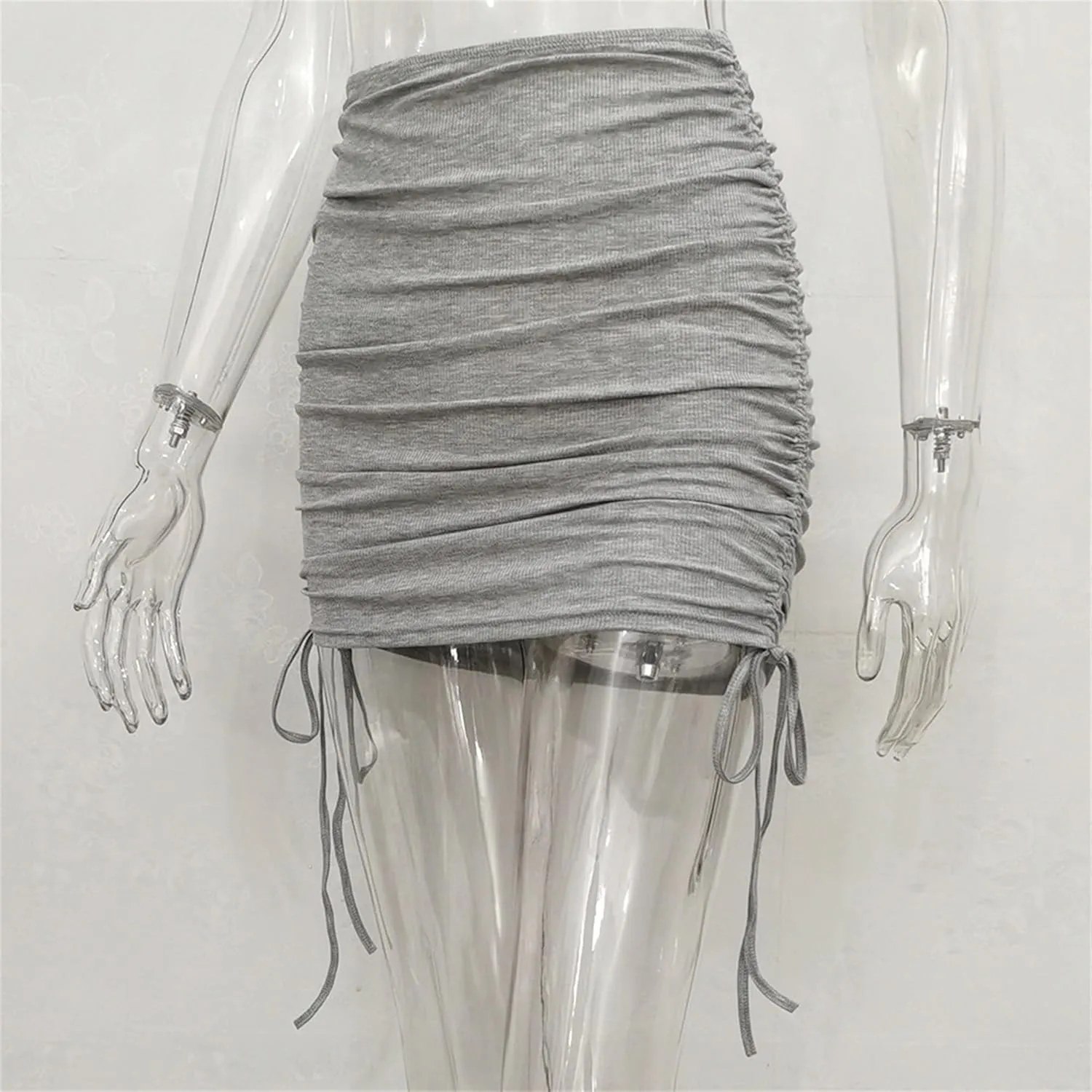 Womens Ruched Drawstring Knot Side Skirt High Waist Ribbed Bodycon Skirt Casual Asymmetric Mini Short Skirt