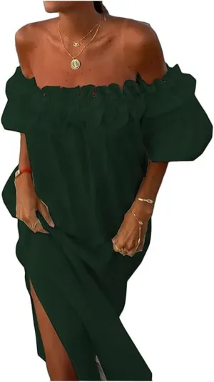 Womens Sexy Off Shoulder Dress Casual Loose Short Sleeve High Waist Side Split Flowy A Line Long Maxi Dress