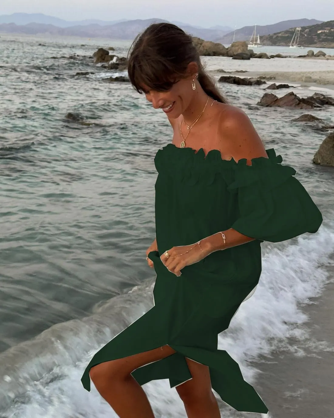 Womens Sexy Off Shoulder Dress Casual Loose Short Sleeve High Waist Side Split Flowy A Line Long Maxi Dress