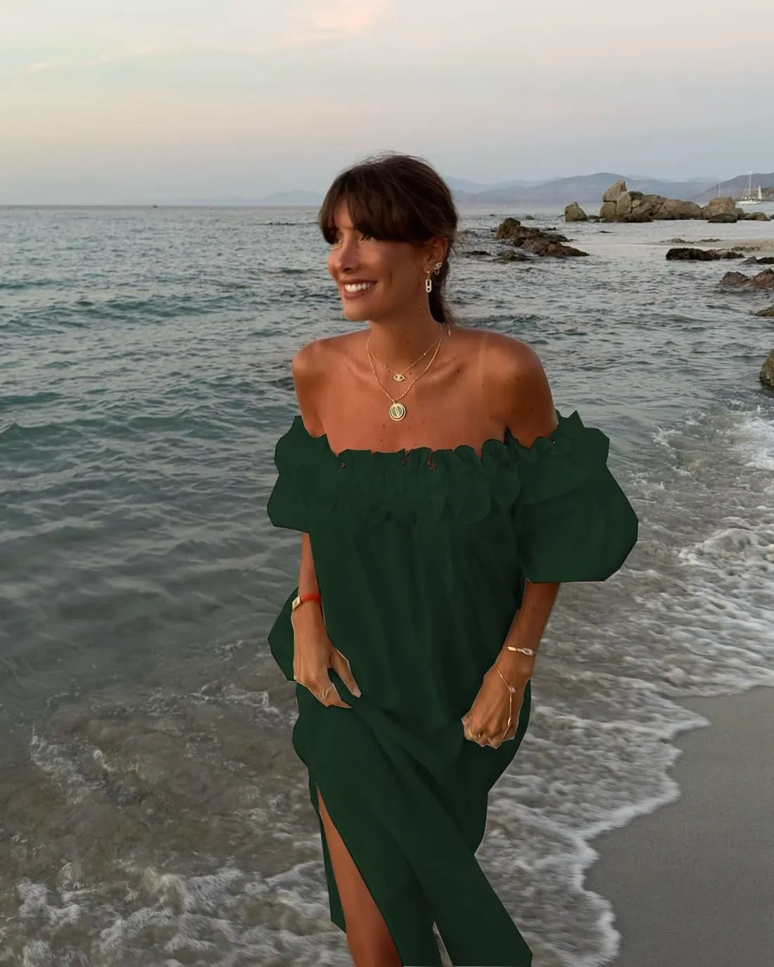 Womens Sexy Off Shoulder Dress Casual Loose Short Sleeve High Waist Side Split Flowy A Line Long Maxi Dress