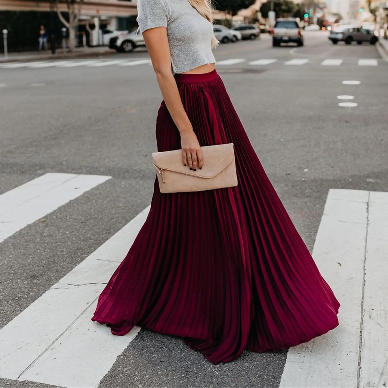 Womens Skirt Midi Long Shirring Skirts High Waisted Swing Boho A Line Skirts Casual Flowy Pleated Chiffon Maxi Skirt