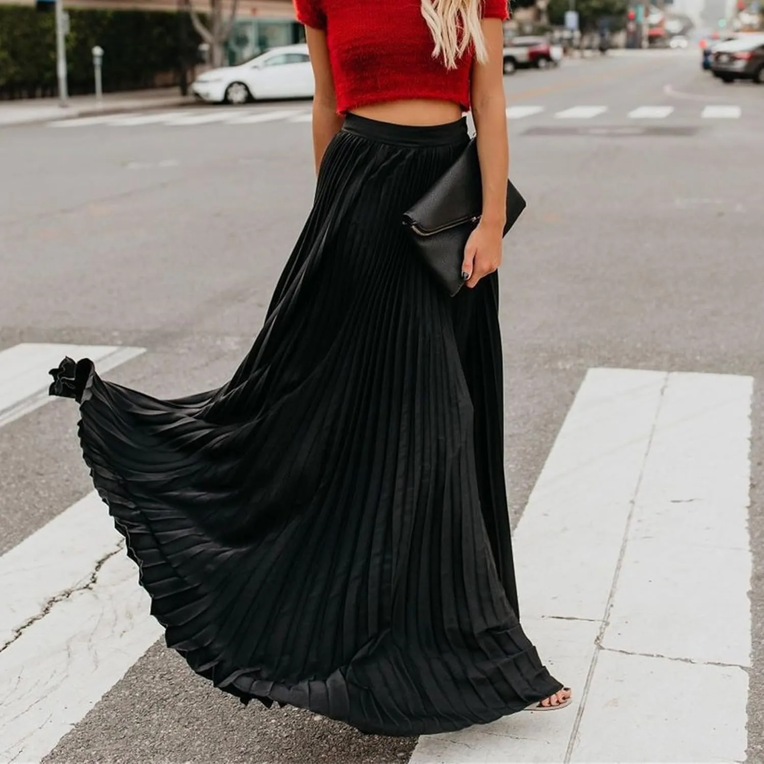 Womens Skirt Midi Long Shirring Skirts High Waisted Swing Boho A Line Skirts Casual Flowy Pleated Chiffon Maxi Skirt