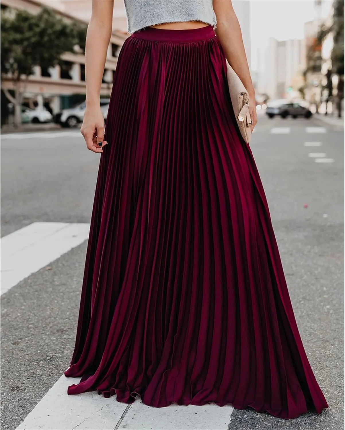 Womens Skirt Midi Long Shirring Skirts High Waisted Swing Boho A Line Skirts Casual Flowy Pleated Chiffon Maxi Skirt