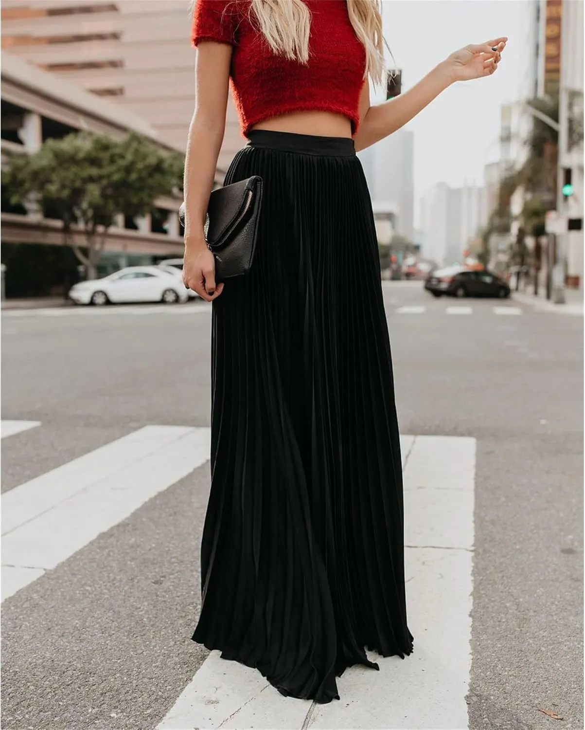 Womens Skirt Midi Long Shirring Skirts High Waisted Swing Boho A Line Skirts Casual Flowy Pleated Chiffon Maxi Skirt
