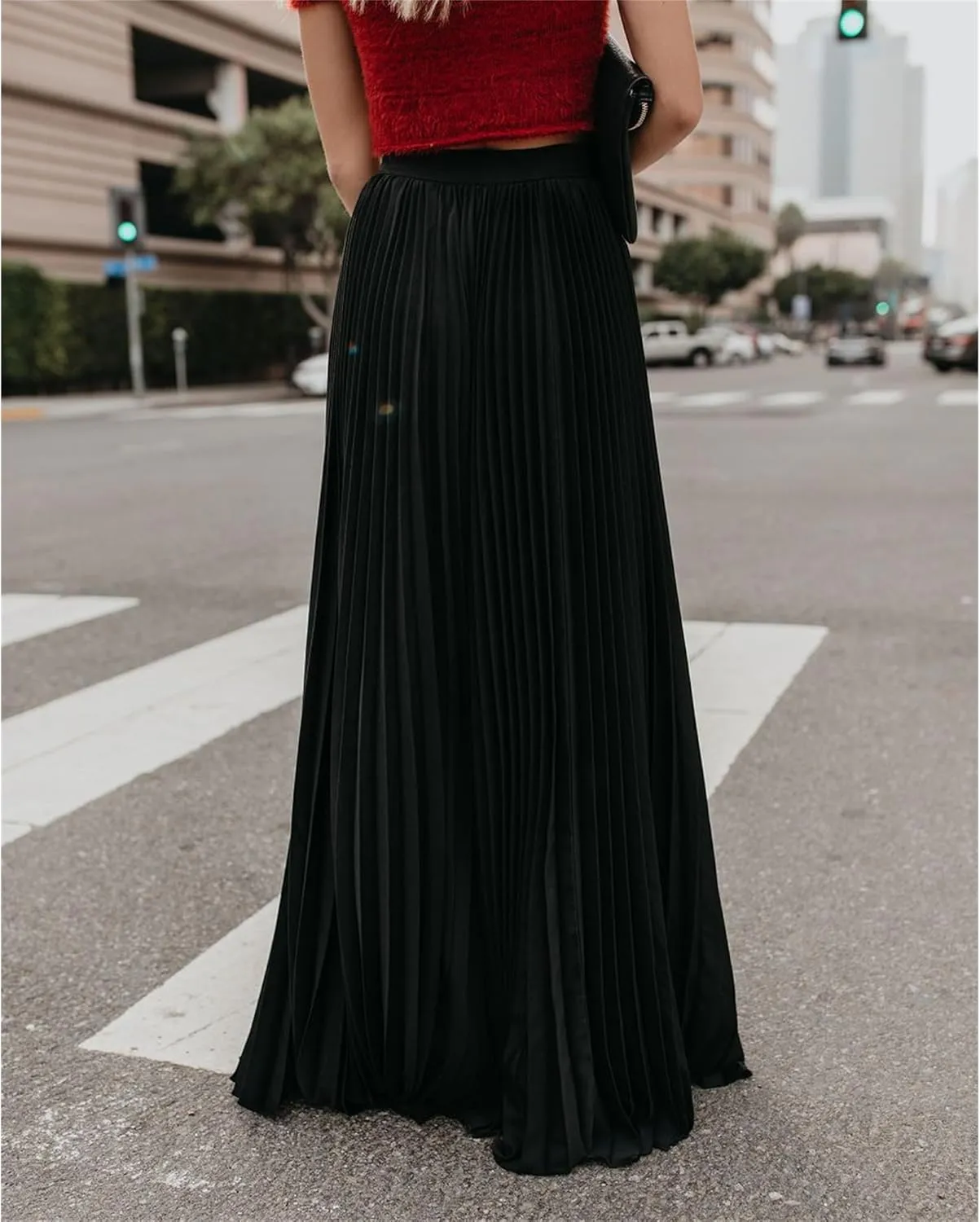 Womens Skirt Midi Long Shirring Skirts High Waisted Swing Boho A Line Skirts Casual Flowy Pleated Chiffon Maxi Skirt
