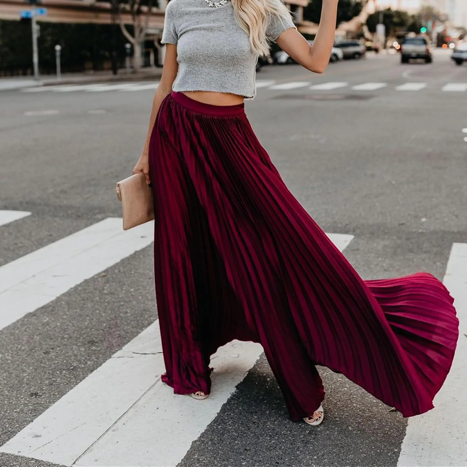 Womens Skirt Midi Long Shirring Skirts High Waisted Swing Boho A Line Skirts Casual Flowy Pleated Chiffon Maxi Skirt