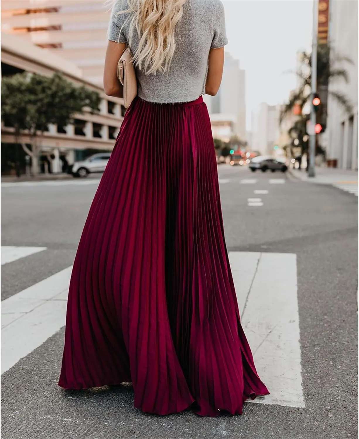 Womens Skirt Midi Long Shirring Skirts High Waisted Swing Boho A Line Skirts Casual Flowy Pleated Chiffon Maxi Skirt